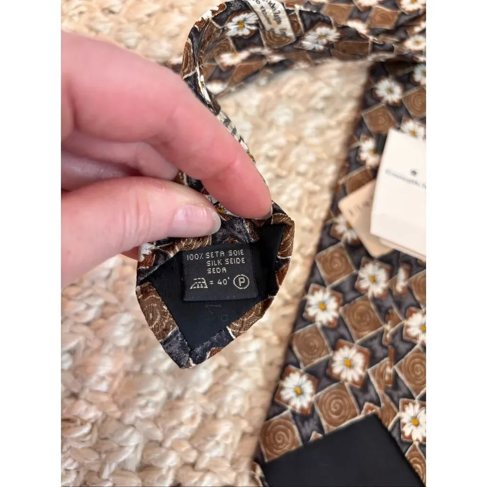 NWT Ermenegildo Zegna Italian Silk Floral Geometric Necktie Brown Black Designer